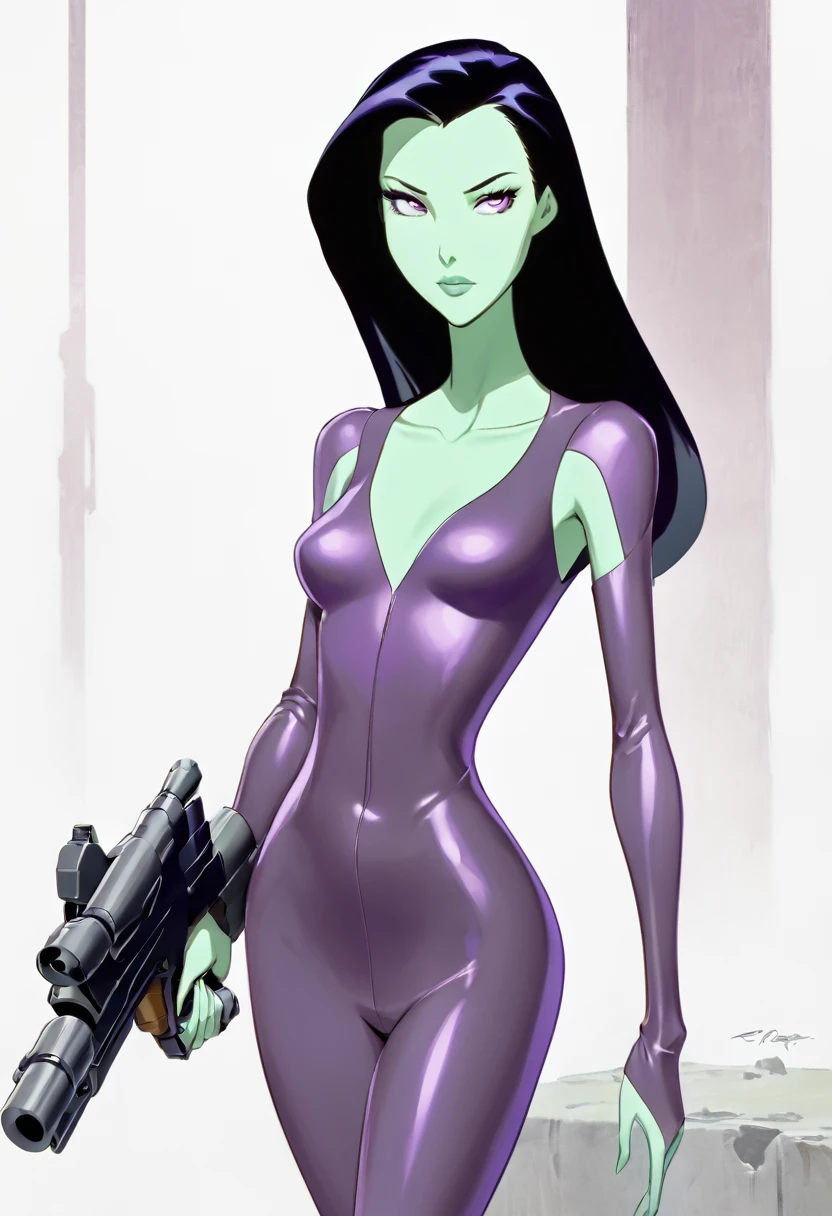 cartoon thin woman, long neck, long black hair, pale green skin, wearing a v-neck purple sci-fi body suit .. she is armed with an arm cannon,