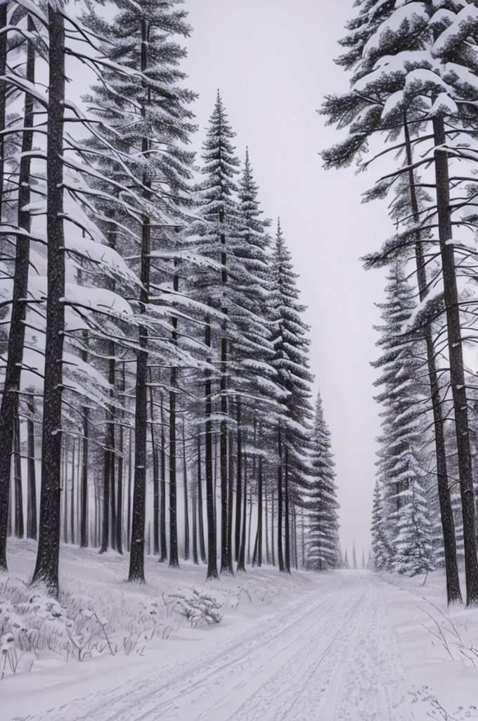 a pencil drawing with the edges of a snowy forest passage and the dusk