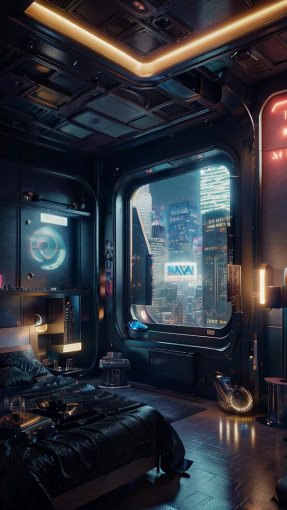 ((masterpiece)), (ultra-detailed), (intricate details), (high resolution CGI artwork 8k), Create an image of a retro futuristic cyberpunk bedroom. One of the walls should feature a big window with a busy, colorful, and detailed cyberpunk cityscape. Futuristic style with lots of colors and LED lights. The cityscape should be extremely detailed with depth of field. Utilize atmospheric lighting to create depth and evoke the feel of a busy futuristic city outside the window. Pay close attention to face details like intricate, hires eyes and bedroom accents. Camera: wide shot showing the room and the window. The window should be the focal point of the image. Lighting: use atmospheric and volumetric lighting to enhance the cityscape details. The room should be illuminated by the neon lights from the cityscape.