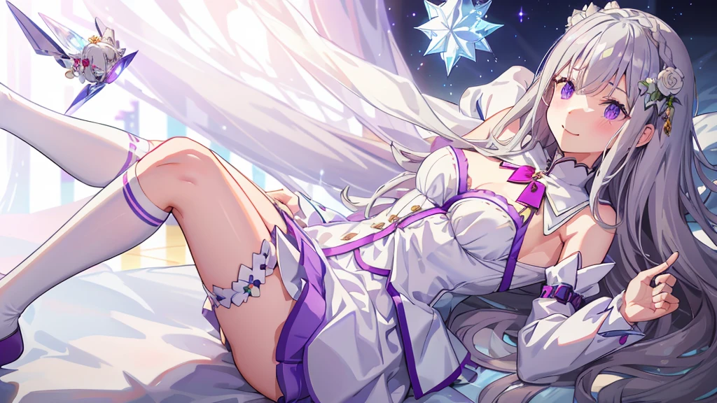realisti、a girl、 Emilia Li:zero、Crown blade、Flower hair accessories、×Haarschmuck、grey hair、Long hair、purple eyes、Fantasies、Ice magic effect、Enlightenment、Piece flies、smile、mini skirt、white knee socks、