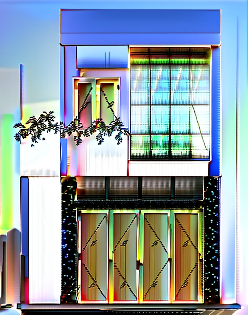 HOUSE FACADE design, Super sharp like a photo taken with a professional camera, (Masterpiece, best quality, 8k uhd, dslr, soft light, high quality, super detailed, film grain, Fujifilm XT3, UE 5 render 8k, super high resolution, super detail :1.2), color block wall decoration, abstract poster decoration, glossy floor, (((volumetric lamp)))