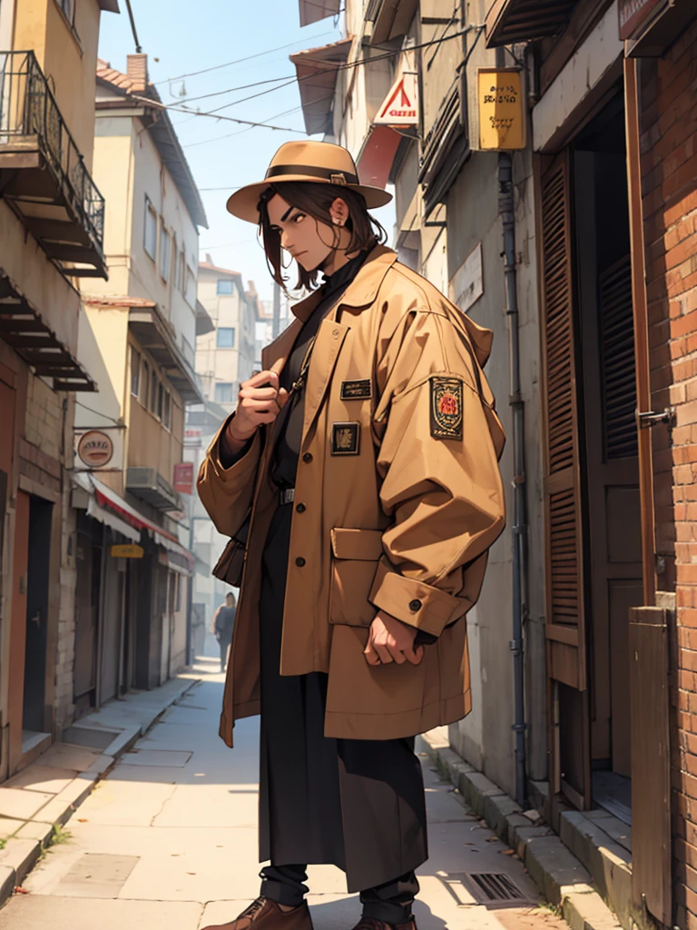 Sumerian guy standing up straight, dressed in brown vintage clothes