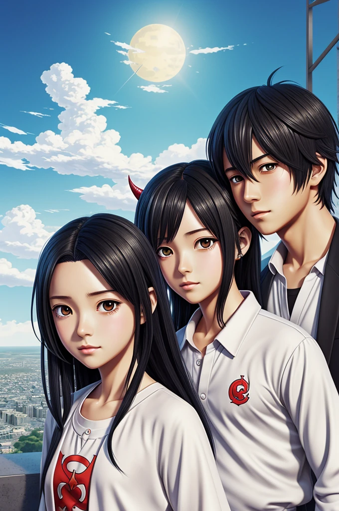 An illustration that represents an anime realism style where you can see a couple of a little devil and a little angel