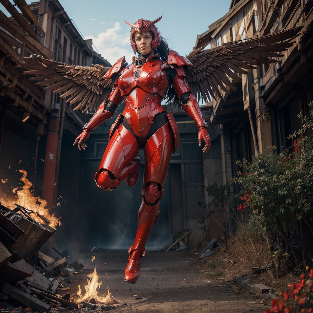 Absurd resolution, high resolution, (masterpiece: 1.4), hyper-detail, a mech, red armor with red wings, floating flight in the sky (1.8) background is wild, fire