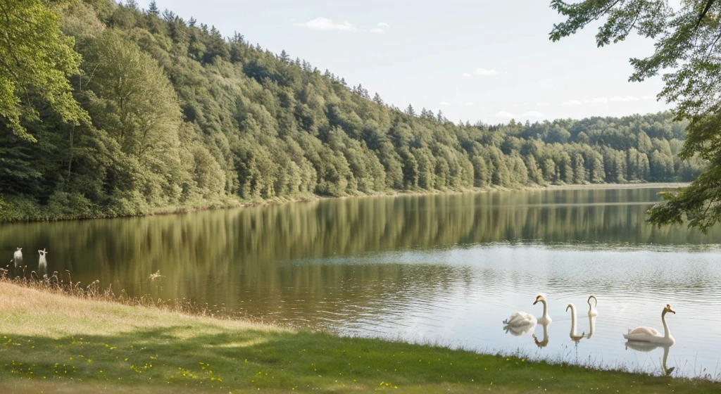 ((Best Quality)), forest/ cottagecore park next to a lake with swans and many flowers in ( horizontal image) that you can see more grass and the lake from afar THAT there are swans that there is more grass ahead, and BEHIND is the lake and swans, a little more grass ahead, very good, now I want swans on the lake
