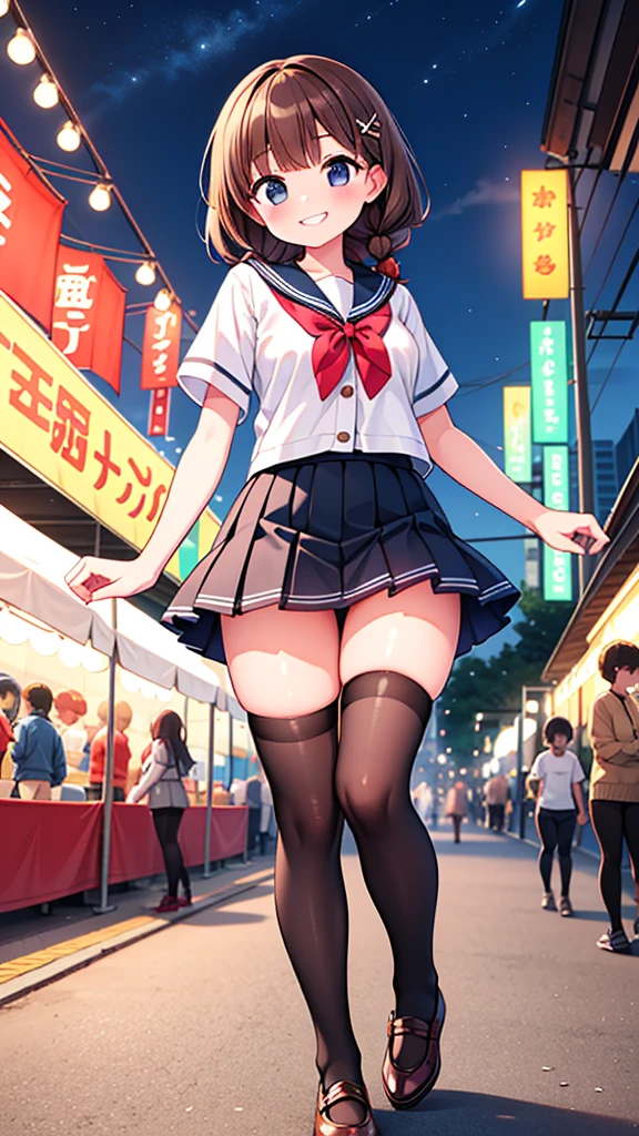 {Highest quality], [Super beautiful], [Ultra fine], [Best illustration], NSFW,Brown Hair,Hime cut,Braid,Clear,With bangs, girl,Sailor suit,knit cardigan,Short sleeve,skirt,Slender women,walk,(Public),Night Park,Summer festival,diagonal,black tights,Black loafa,Grin
