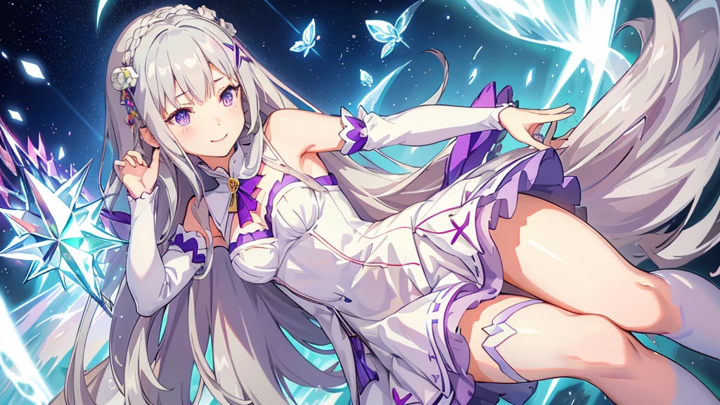 realisti、a girl、 Emilia Li:zero、Crown blade、Flower hair accessories、×Haarschmuck、grey hair、Long hair、purple eyes、Fantasies、Ice magic effect、Enlightenment、Piece flies、smile、mini skirt、white knee socks、