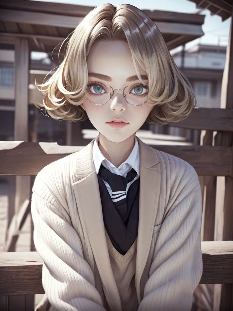 1girl, elegant bearing, small, slender build, short height, pale skin dotted by light freckles, short platinum blonde hair, (((choppy hair))), (((boyish hair))), (dark green eyes), silver glasses, cute facial features with an underlying elegance, thin lips, small breasts,  female, RAW photo, ((slim body: 1)), (HQ skin: 1.4), 8k uhd, dslr, soft light, high quality, ((school uniform, white clothes, gold accents, (looking at viewer:1.4)

