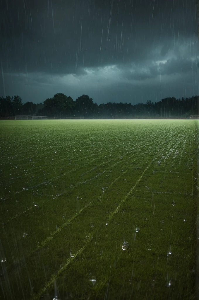A wet field with raindrops falling at night