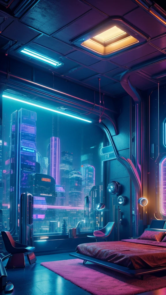 ((masterpiece)), (ultra-detailed), (intricate details), (high resolution CGI artwork 8k), Create an image of a retro futuristic cyberpunk bedroom. One of the walls should feature a big window with a busy, colorful, and detailed cyberpunk cityscape. Futuristic style with lots of colors and LED lights. The cityscape should be extremely detailed with depth of field. Utilize atmospheric lighting to create depth and evoke the feel of a busy futuristic city outside the window. Pay close attention to face details like intricate, hires eyes and bedroom accents. Camera: wide shot showing the room and the window. The window should be the focal point of the image. Lighting: use atmospheric and volumetric lighting to enhance the cityscape details. The room should be illuminated by the neon lights from the cityscape.