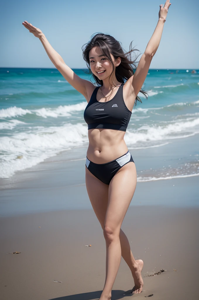 high school girl、black bikini、Ocean、smile、Run