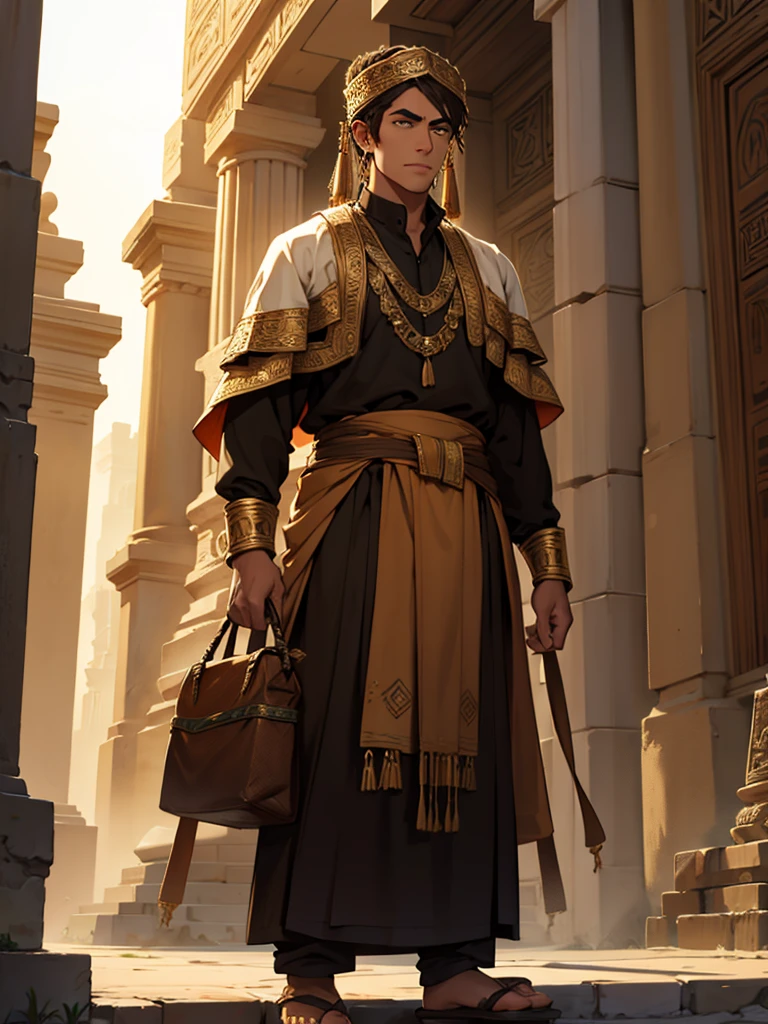 Full length Sumerian guy, dressed in brown clothes, dark skin