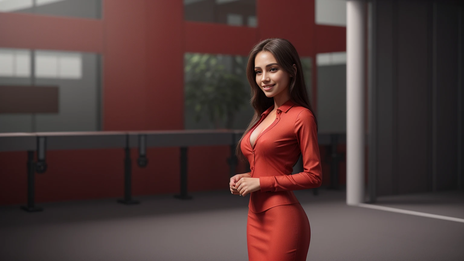 a friendly girl, expressive eyes, full smile, professional attire, office setting, 8k, masterpiece, RAW photo, best quality, photorealistic, extremely detailed CG unity 8k wallpaper, Depth of field, Cinematic Light, Lens Flare, Ray tracing, (extremely beautiful face, beautiful lips, beautiful eyes), intricate detail face, ((ultra detailed skin)), ((1girl:1.9)), ((alone:1.9)), ((19years old)), (big smile;1.4), (beautiful and aesthetic:1.2), deep shadow, (sharp focus), [(((Raiana-Elizabeth-Dilla:1.9)))], pretty girl, (very slim slender fit-muscled body:1.9), (((business-style fashion:1.9))), (((stylish ((red:1.5)) clothes),business-coat)), (((office setting background:1.9))), (shiny skin), clear eyes, (pale skin), ((whole-body-view:1.9)), ((full-body:1.9, cinematic shot)), soft lighting, (flowing dark-black hair), (looking at viewer:1.8), ((beautiful legs:1.2)), highly detailed, ultra realistic, extremely detailed and realistic ((red:1.5)) clothes.