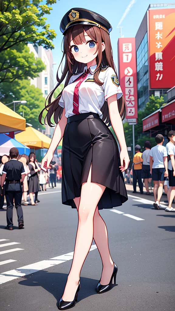 {Highest quality], [Super beautiful], [Ultra fine], [Best illustration], NSFW, Brown Hair, Hime cut, Long Hair, With bangs, girl, Uniform cap, Security uniform, smile, blush, Slender women, Short sleeve, Long straight skirt, Adult women, walk, (Public) Night Park, Summer festival, diagonal, Bare feet and pumps, Plain black pumps, stockings