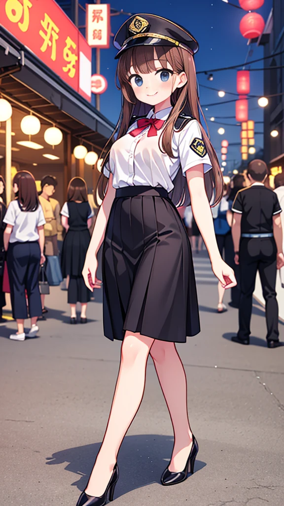 {Highest quality], [Super beautiful], [Ultra fine], [Best illustration], NSFW, Brown Hair, Hime cut, Long Hair, With bangs, girl, Uniform cap, Security uniform, smile, blush, Slender women, Short sleeve, Long straight skirt, Adult women, walk, (Public) Night Park, Summer festival, diagonal, Bare feet and pumps, Plain black pumps, stockings