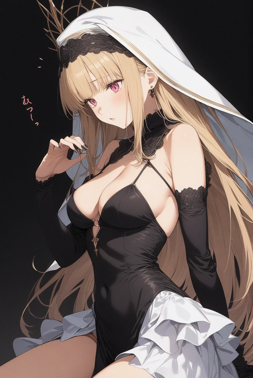[1girl|solo], (masterpiece:1.1), (best quality:1.1), detailed Contemporary Earth tones Polka-dotted sailor, Light blue covered navel bridal gown, [[nipple slip|covered slip|nipples]:0.2): 0.25], [(NSFW:0.9):(NSFW:0.45):0.25], [[large|medium|medium]:[large|large|medium]:0.55] breasts, girl on top, BREAK [black:aqua:0.75] theme, (black background:1.1), from side, detailed nails,glamorous_outfit,,witch_hut BREAK [blond:white :0.45] hair, sidelocks,blunt bangs,long hair,sidelocks, straight hair, [blue:pink:0.2] eyes, intricate detailed habit,habit, take your pick,
