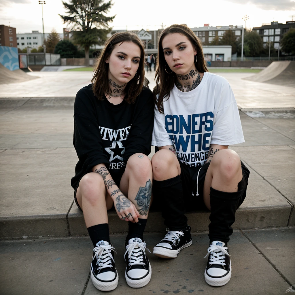 White, girl, brown hair, blue eyes, 1. Emo girl, Skatepark, Pose, Urban, Alternative fashion, Piercings, Tattoos, Dark makeup, Moody, Converse. 