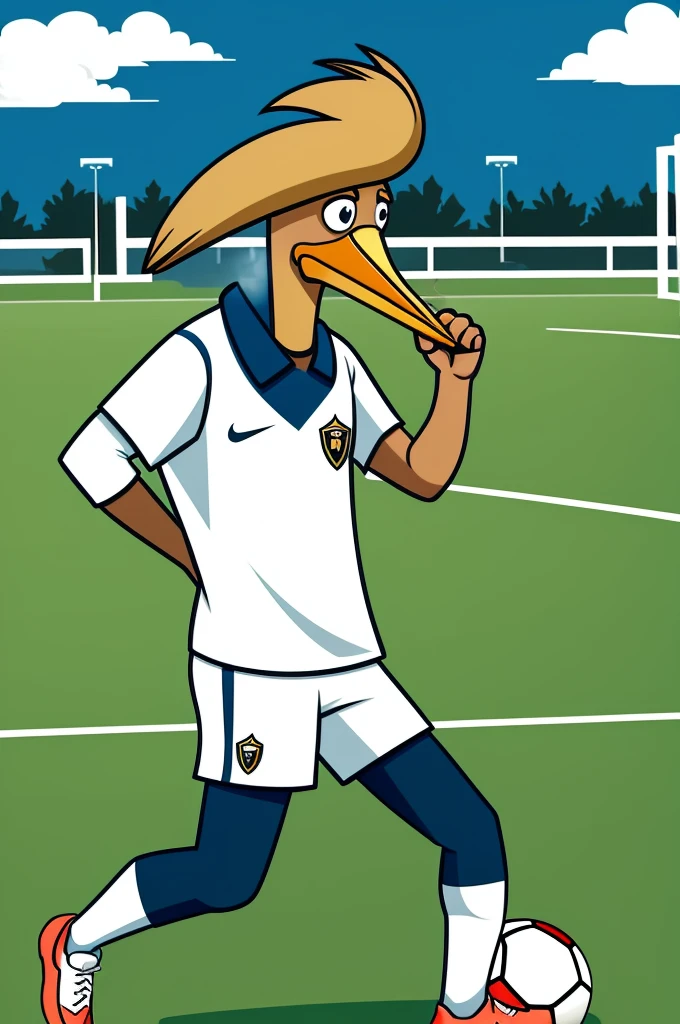 Illustration of a human-shaped pelican dressed in professional soccer clothing, smoking a cigarette on a soccer field, all in cartoon style
