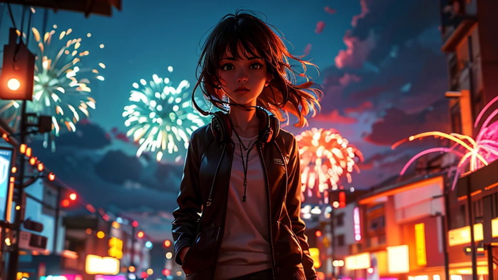 Highest quality,Ultra-high resolution,One woman,alone,whole body,summer, Black shortcuts,Green Eyes,Emotional,Headphones,Fireworks are set off