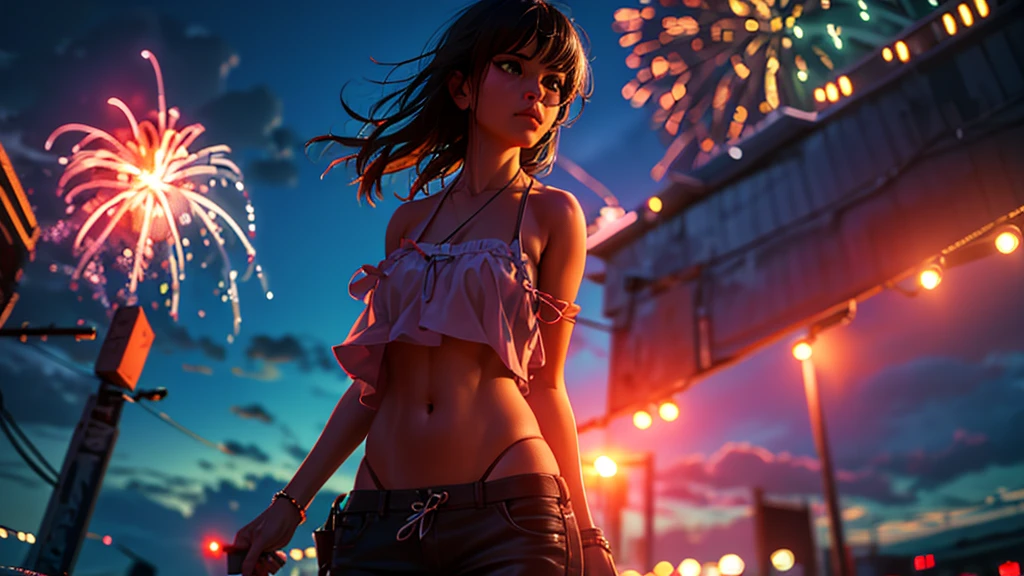 Highest quality,Ultra-high resolution,One woman,alone,whole body,summer, Black shortcuts,Green Eyes,Emotional,Headphones,Fireworks are set off