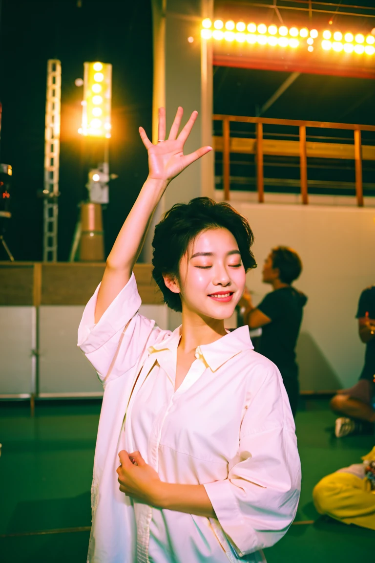 Handsome guy in a white shirt,Meditate in lotus pose,raise arms,Look at the audience with your eyes closed,Looked up,Floating on the ground,Cheerful,smile slightly,realistically,Bokeh,light particles,Very detailed background,Detailed face,Detailed and complex busy background,untidy,abundant,Milky white W,The hands are very detailed,Authentic skin details,Visible pores,lock focus,volumetric fog,8K Ultra HD,digital SLR camera,high quality,film grain,fair skinned,photorealism,lomo photography,A metropolis in a future dystopia , looking from bottom to top