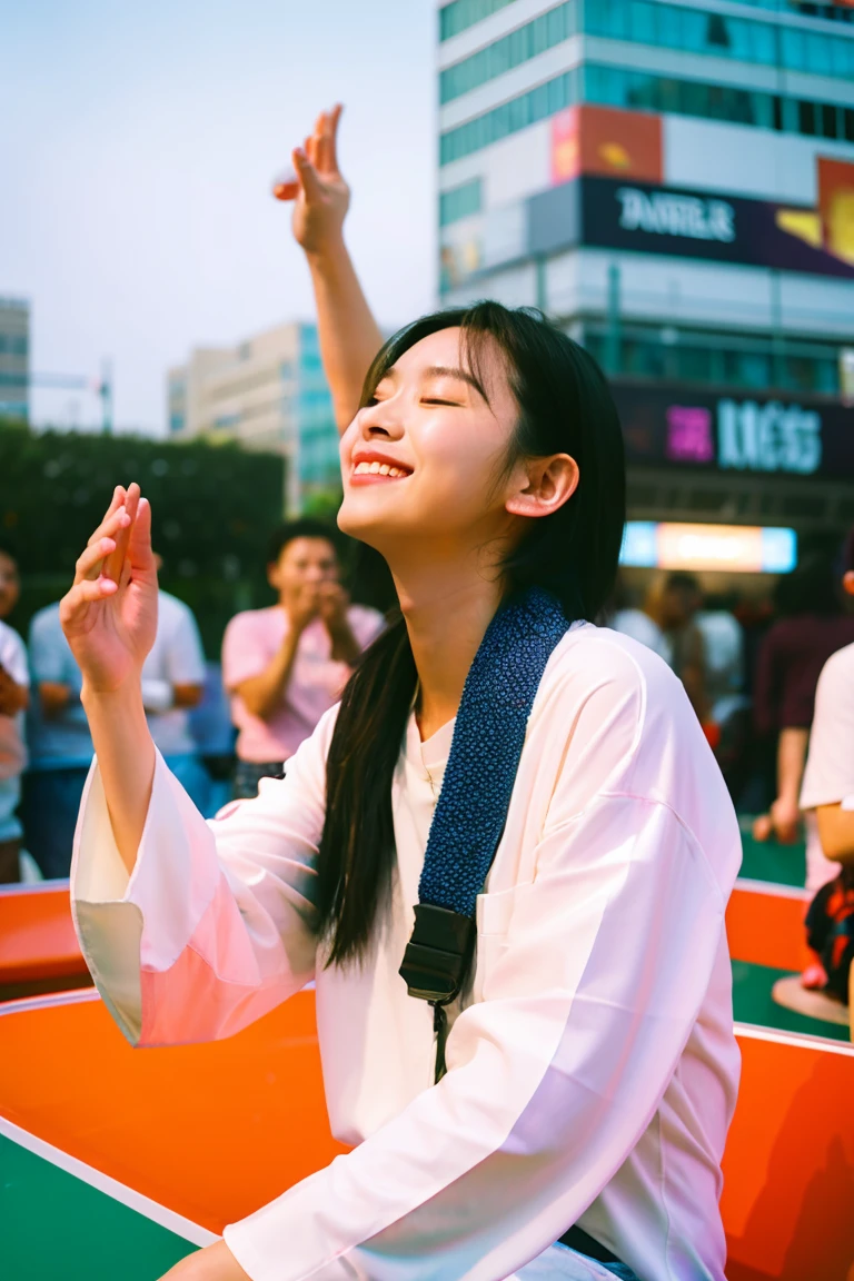 Handsome guy in a white shirt,Meditate in lotus pose,raise arms,Look at the audience with your eyes closed,Looked up,Floating on the ground,Cheerful,smile slightly,realistically,Bokeh,light particles,Very detailed background,Detailed face,Detailed and complex busy background,untidy,abundant,Milky white W,The hands are very detailed,Authentic skin details,Visible pores,lock focus,volumetric fog,8K Ultra HD,digital SLR camera,high quality,film grain,fair skinned,photorealism,lomo photography,A metropolis in a future dystopia , looking from bottom to top