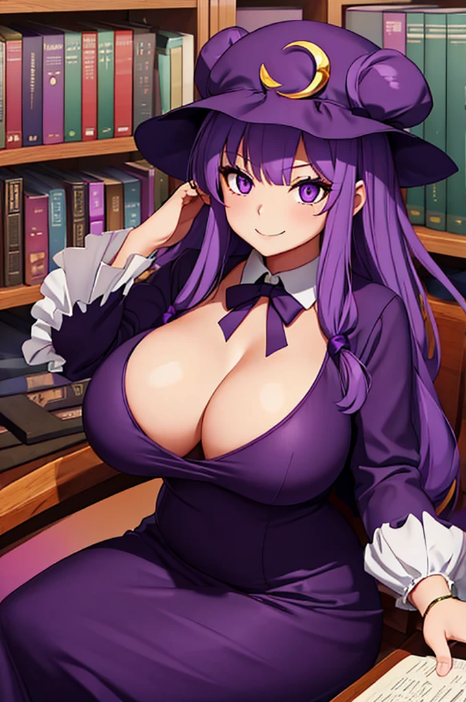 1girl, dress, (purple hair, purple eyes:1), long hair, mob cap, crescent hat ornament, ribbon, dress, smile, massive breasts, chubby, in a library, sitted on a chair, thicc thigs