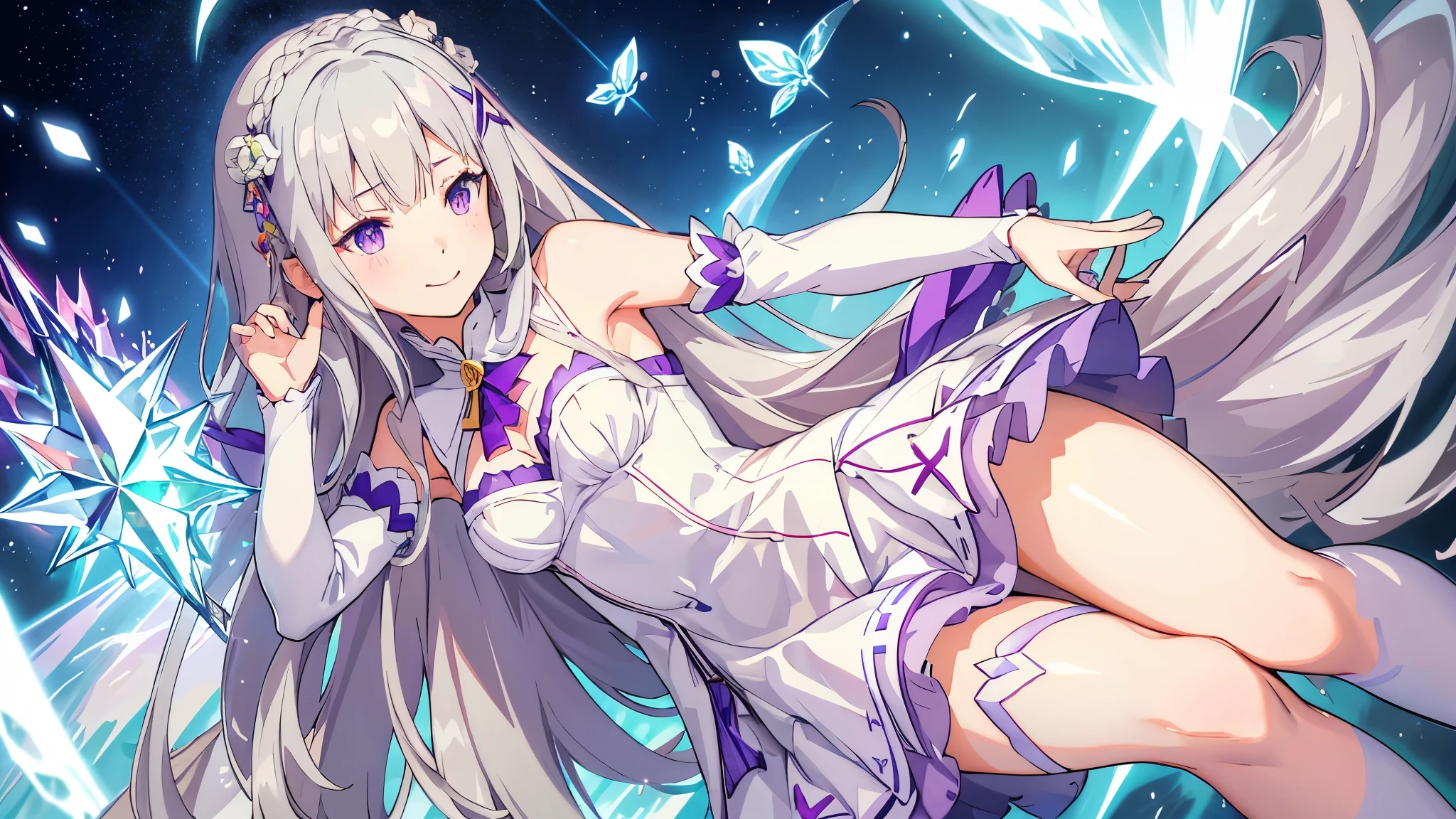 realisti、a girl、 Emilia Li:zero、Crown blade、Flower hair accessories、×Haarschmuck、grey hair、Long hair、purple eyes、Fantasies、Ice magic effect、Enlightenment、Piece flies、smile、mini skirt、white knee socks、