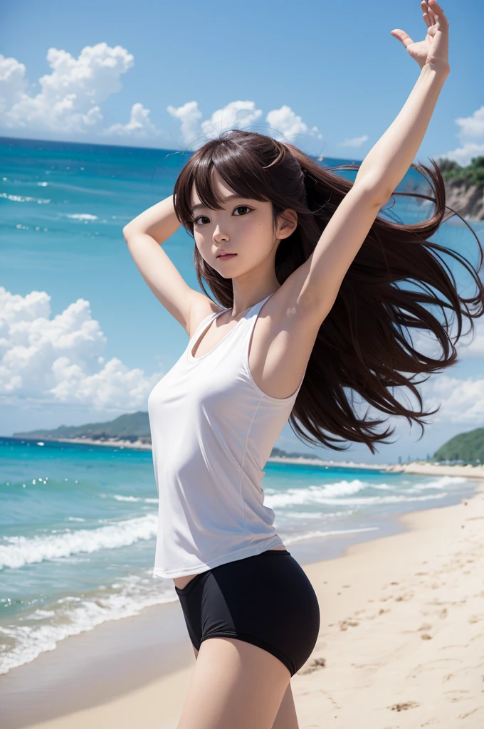 A anime style woman on the beach with arms raised in a sleeveless shirt facing forward