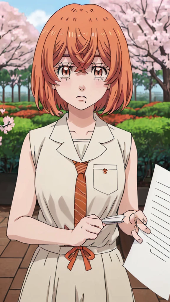 hinata-tachibana, 1girl, solo, looking at viewer, short hair, hair between eyes, brown eyes, orange hair, mole, mole under mouth, upper body garden sakura tree (holding a blank paper viewing it to the viewer: 1.5) 