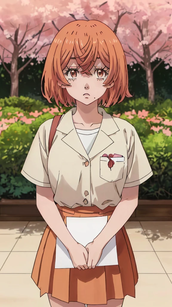 hinata-tachibana, 1girl, solo, looking at viewer, short hair, hair between eyes, brown eyes, orange hair, mole, mole under mouth, upper body garden sakura tree (holding a blank paper viewing it to the viewer: 1.5) 