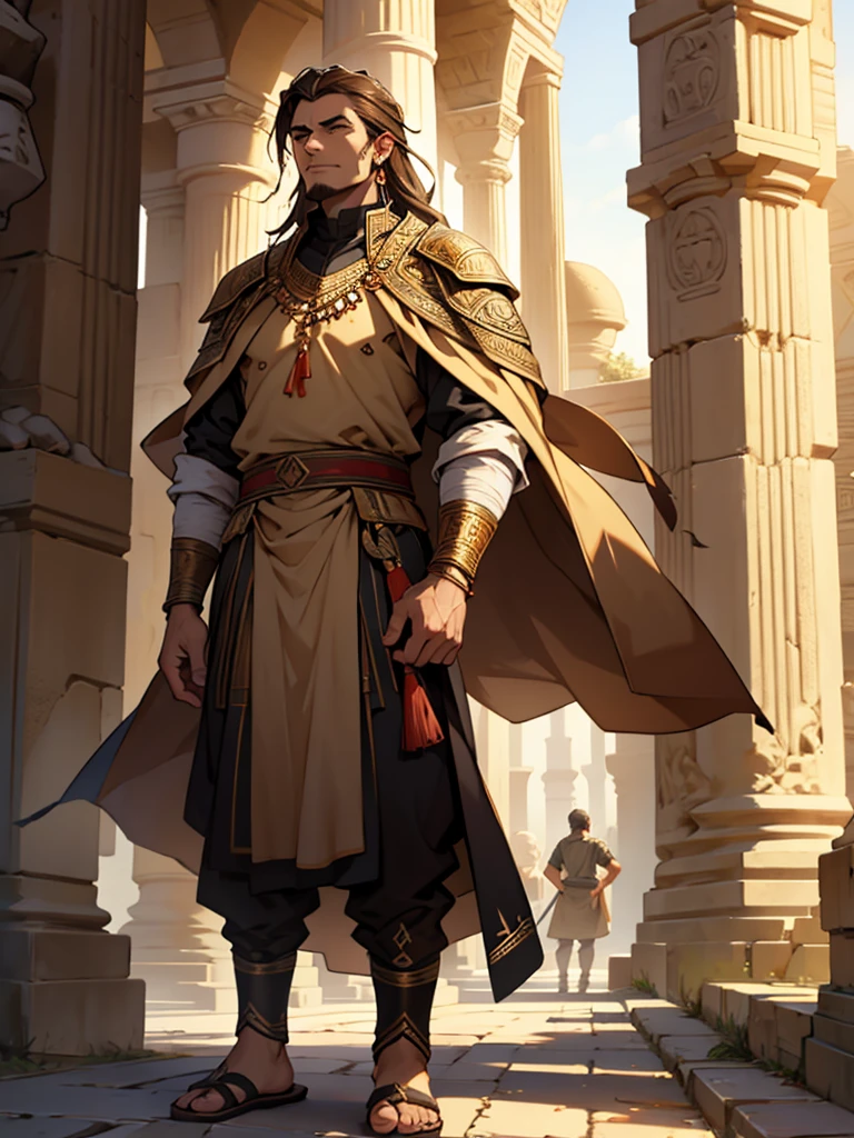 Sumerian guy standing up straight, dressed in brown ancient Mesopotamian clothing, Schumer