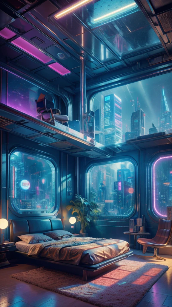 ((masterpiece)), (ultra-detailed), (intricate details), (high resolution CGI artwork 8k), Create an image of a retro futuristic cyberpunk bedroom. One of the walls should feature a big window with a busy, colorful, and detailed cyberpunk cityscape. Futuristic style with lots of colors and LED lights. The cityscape should be extremely detailed with depth of field. Utilize atmospheric lighting to create depth and evoke the feel of a busy futuristic city outside the window. Pay close attention to face details like intricate, hires eyes and bedroom accents. Camera: wide shot showing the room and the window. The window should be the focal point of the image. Lighting: use atmospheric and volumetric lighting to enhance the cityscape details. The room should be illuminated by the neon lights from the cityscape.