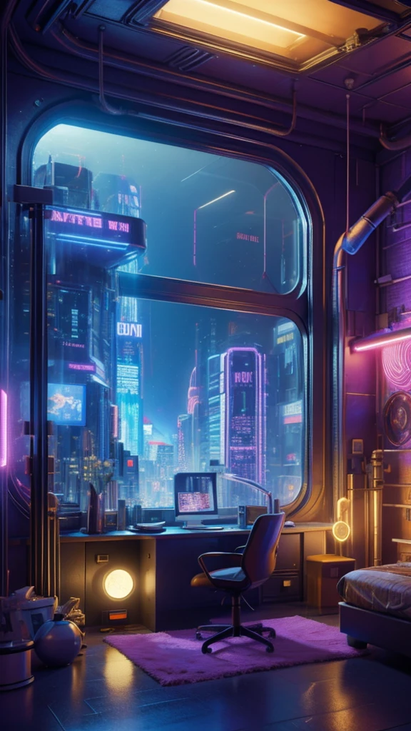 ((masterpiece)), (ultra-detailed), (intricate details), (high resolution CGI artwork 8k), Create an image of a retro futuristic cyberpunk bedroom. One of the walls should feature a big window with a busy, colorful, and detailed cyberpunk cityscape. Futuristic style with lots of colors and LED lights. The cityscape should be extremely detailed with depth of field. Utilize atmospheric lighting to create depth and evoke the feel of a busy futuristic city outside the window. Pay close attention to face details like intricate, hires eyes and bedroom accents. Camera: wide shot showing the room and the window. The window should be the focal point of the image. Lighting: use atmospheric and volumetric lighting to enhance the cityscape details. The room should be illuminated by the neon lights from the cityscape.