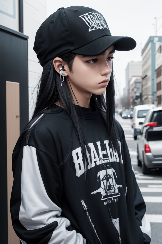 boy, wearing rock clothes, wearing a cap, earbuds, adolescent, listening to music, long black hair, emo style.