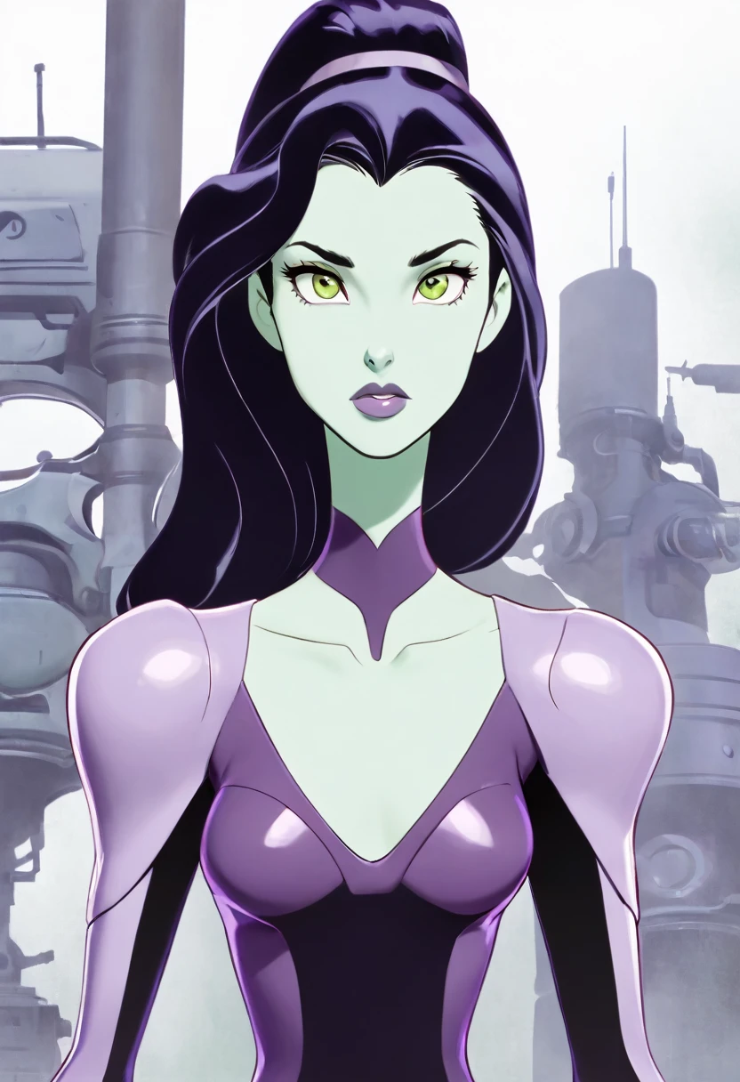 cartoon thin woman, long neck, long black hair, pale green skin, wearing a v-neck purple sci-fi body suit .. she is armed with an arm cannon, bust view only