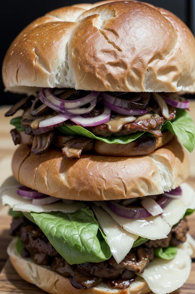 Snack with plenty of shredded meat, mushroom, onion and lettuce on brioche bread