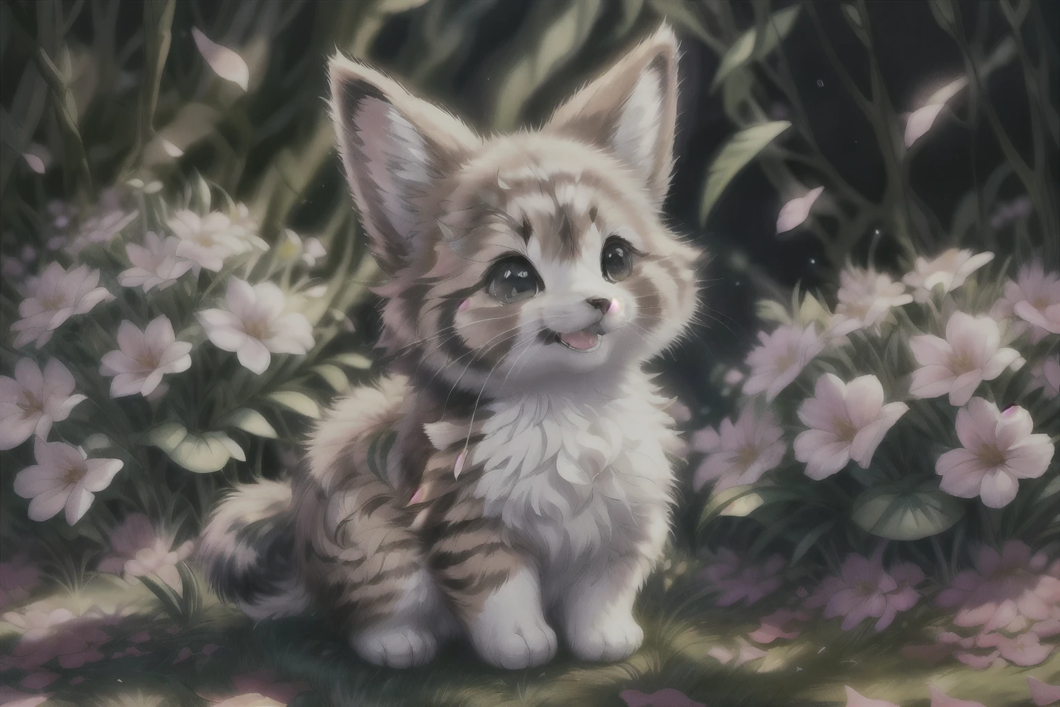 complex background, beautiful lighting, deep shadow, best quality, masterpiece, ultra highres, photorealistic, lots of small details, soft colors, volumetric lighting, scifi, contrast:0.5, 
solo:1.4,  (main_coon:1.2), (corgi:0.8), cute, animal, forest, grass, willow trees, flower petals, ultra fluffy, cutemaomao, 
