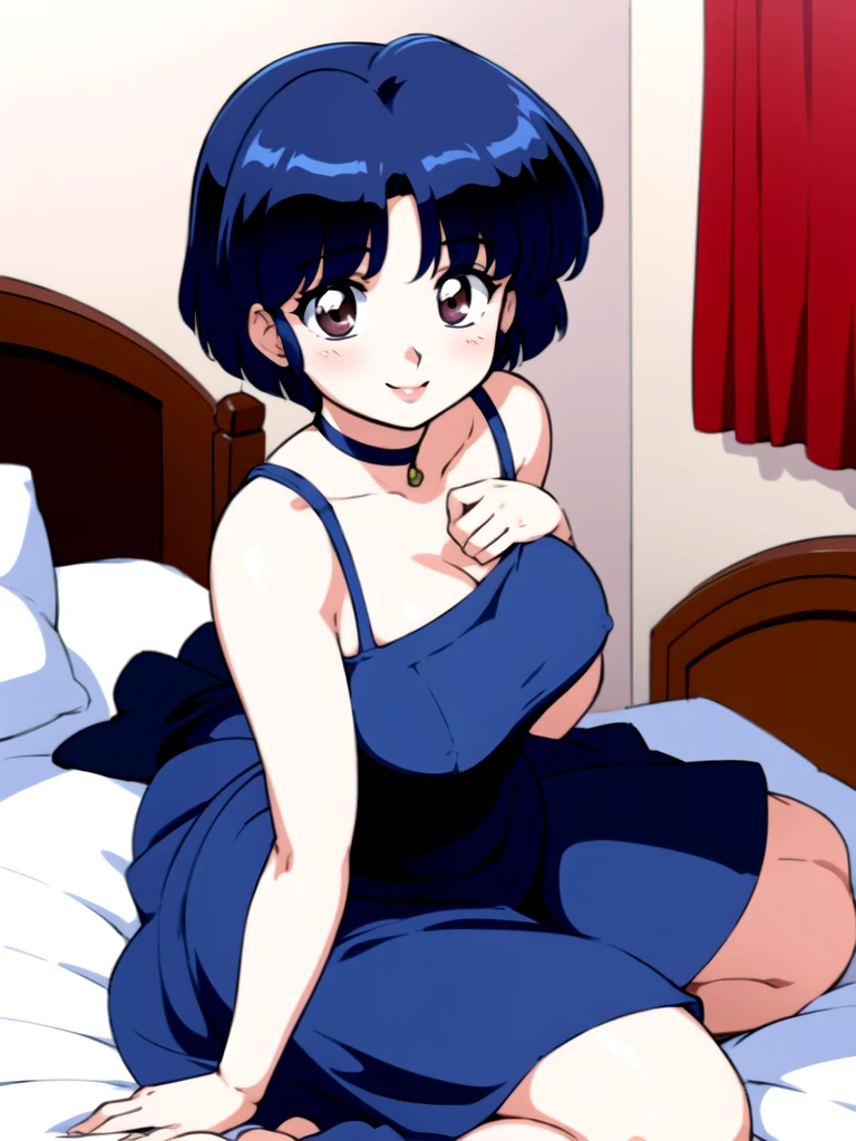HDR, CG, sharp focus, (8k), (4k), masterpiece, best quality, detailed skin, extremely detailed, hiper detailed, sharp focus, looking at viewer, high quality, AKANE, Akane tendou, short hair, blue hair, brown eyes ,curtain pelvic DRESS, tetas grandes, blush, solo, 1girl, sit on BED, BEDROOM background, hands on chest, heels, black dress, smile,