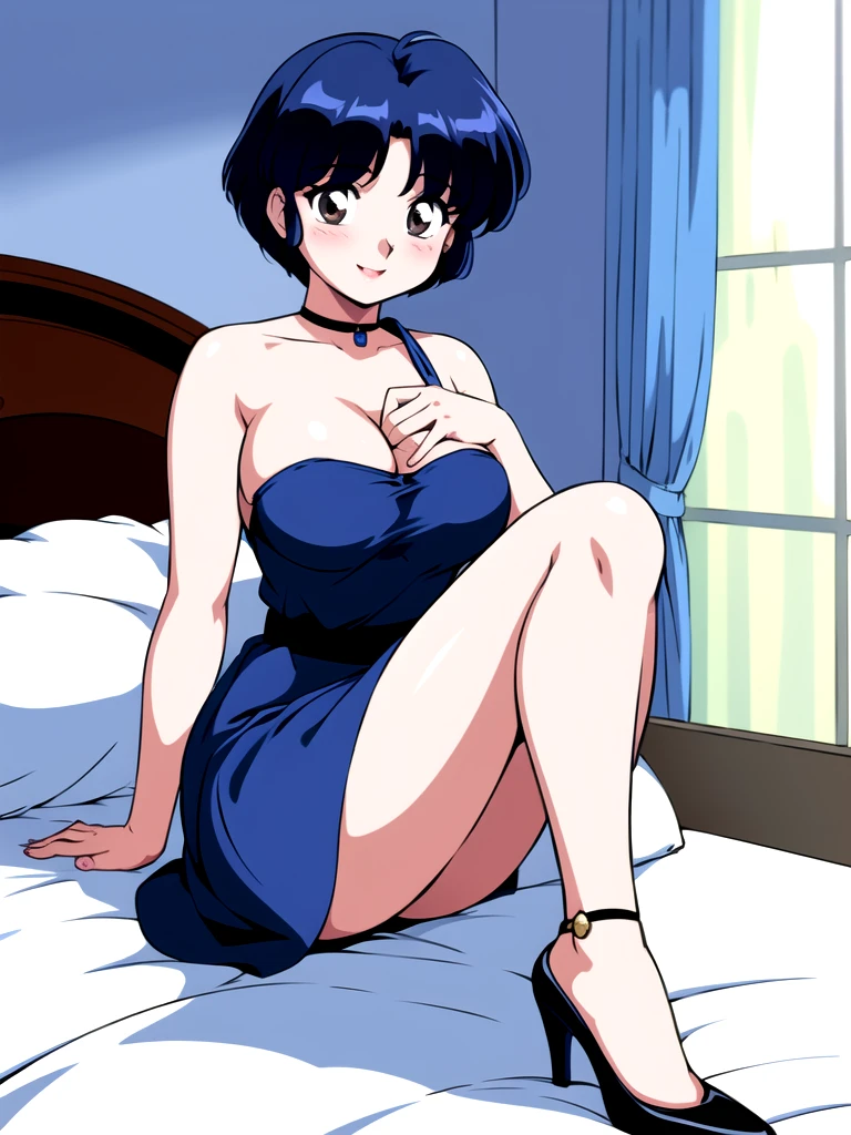 HDR, CG, sharp focus, (8k), (4k), masterpiece, best quality, detailed skin, extremely detailed, hiper detailed, sharp focus, looking at viewer, high quality, AKANE, Akane tendou, short hair, blue hair, brown eyes ,curtain pelvic DRESS, tetas grandes, blush, solo, 1girl, sit on BED, BEDROOM background, hands on chest, heels, black dress, smile,