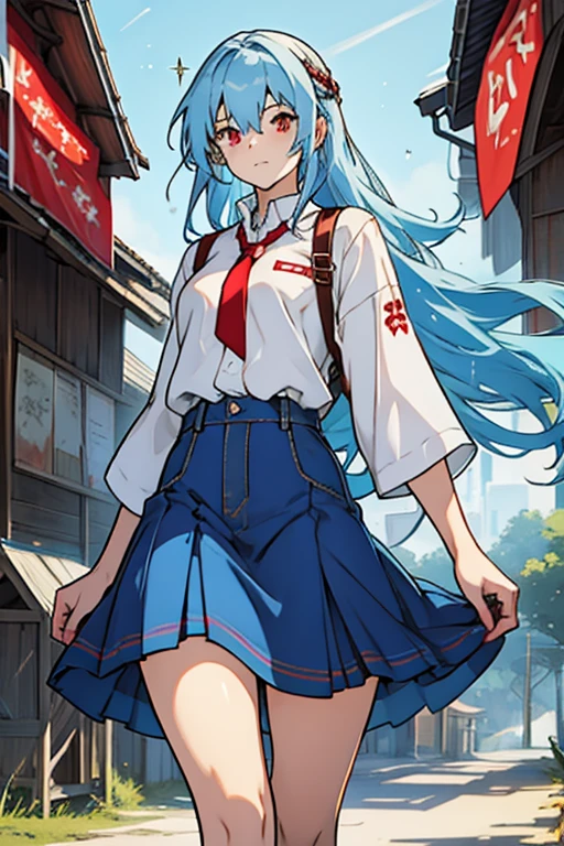 Girl long sky blue hair red eyes blood white shirt denim skirt full of haker glitters