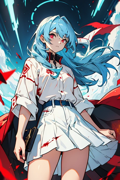 Girl long sky blue hair red eyes blood white shirt denim skirt full of haker glitters