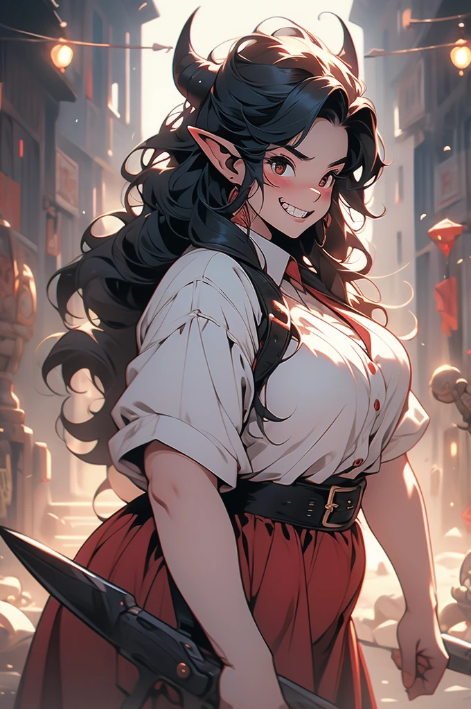 1girl, goblin girl, shortstack, plump, black hair, evil grin, sharp teeth