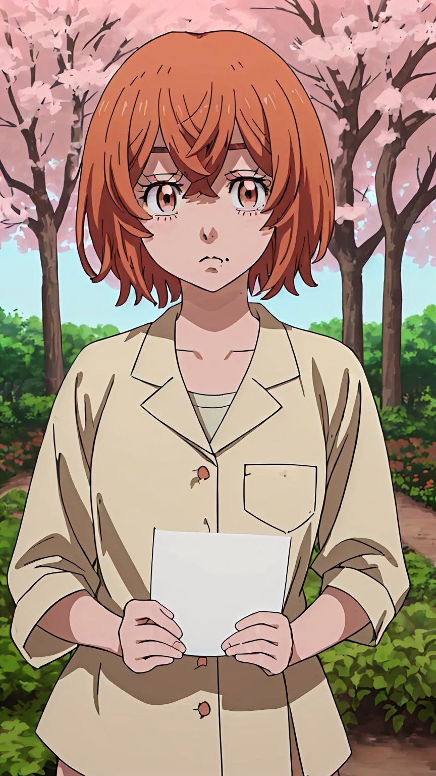 hinata-tachibana, 1girl, solo, looking at viewer, short hair, hair between eyes, brown eyes, orange hair, mole, mole under mouth, upper body garden sakura tree (holding a blank paper viewing it to the viewer: 1.5)
