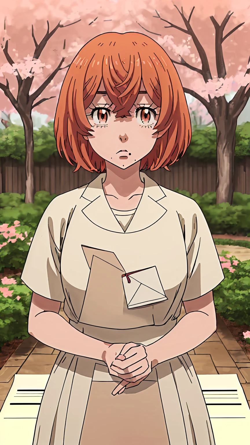 hinata-tachibana, 1girl, solo, looking at viewer, short hair, hair between eyes, brown eyes, orange hair, mole, mole under mouth, upper body garden sakura tree (holding a blank paper viewing it to the viewer: 1.5) 