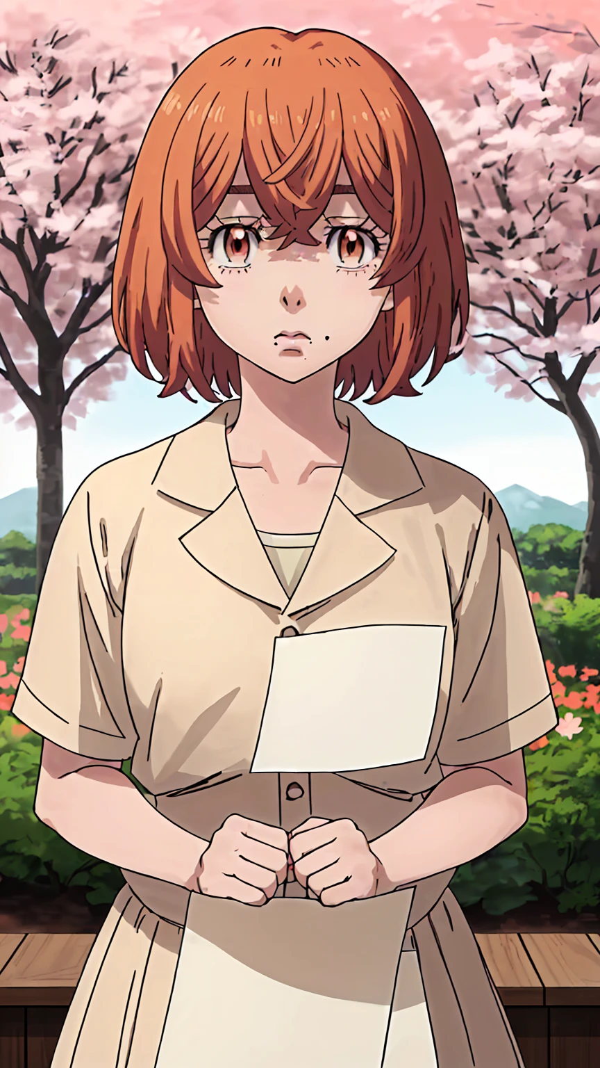 hinata-tachibana, 1girl, solo, looking at viewer, short hair, hair between eyes, brown eyes, orange hair, mole, mole under mouth, upper body garden sakura tree (holding a blank paper viewing it to the viewer: 1.5)