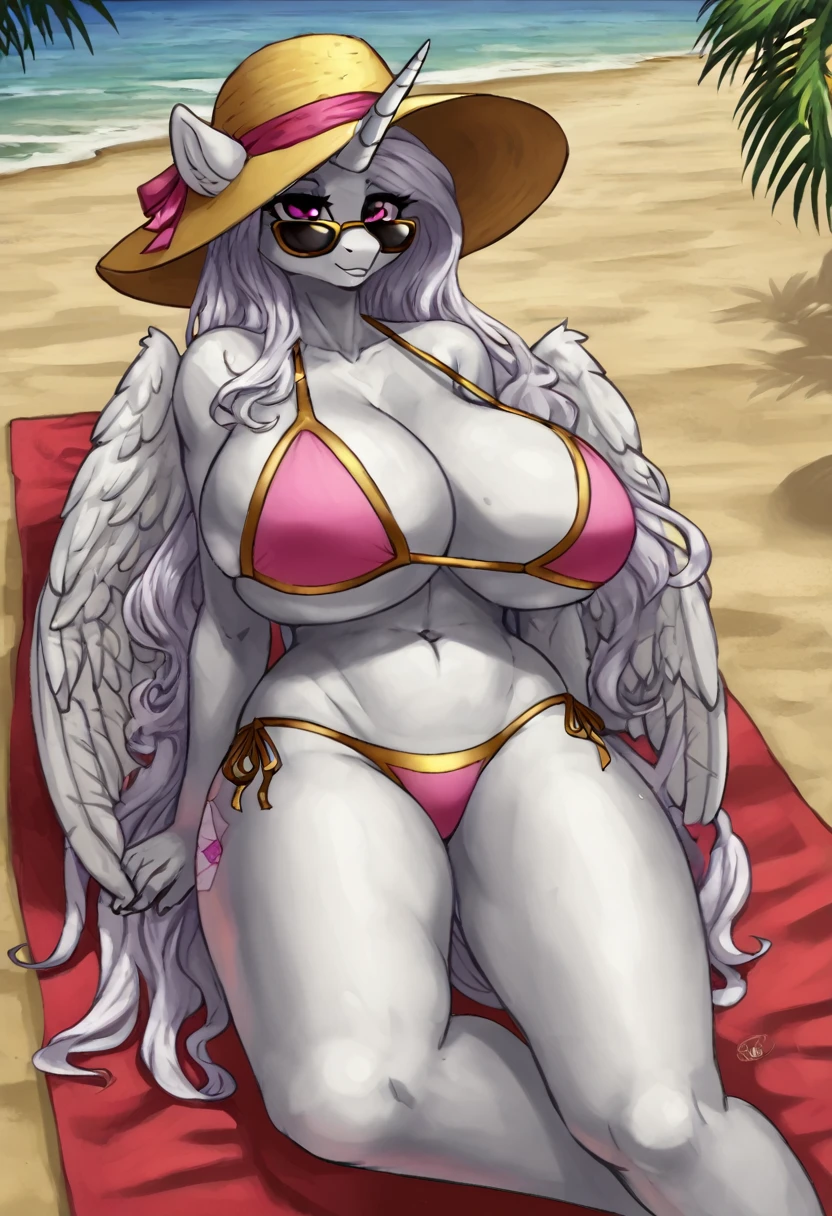  Alicorn , white mane, ,black fur color  long flowing  mane pink  eyes anthro huge breasts beach, sun hat,sunglasses ,bikini,relaxing,laying on towel on sand busty sun cream sunbathing 