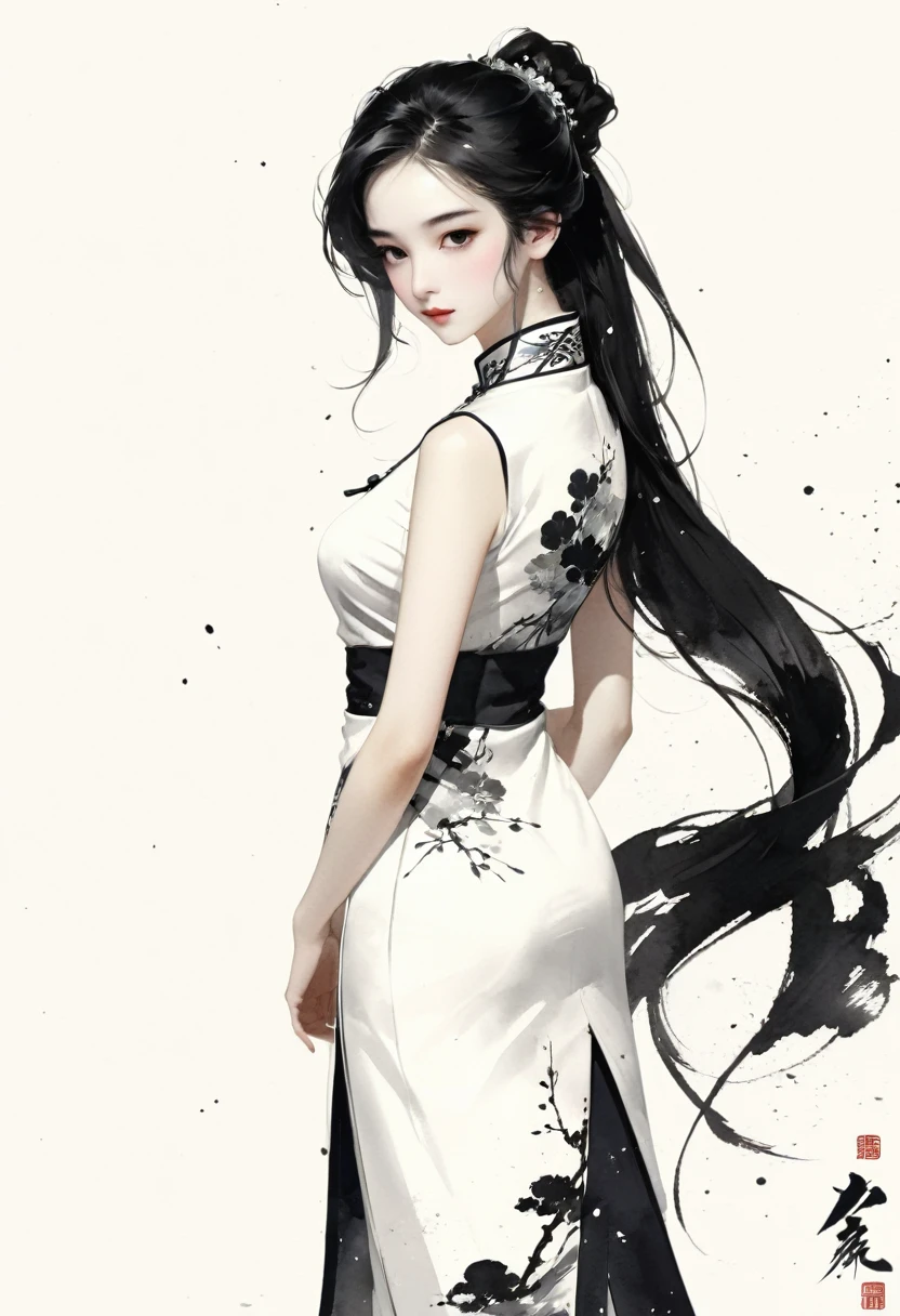 Artistic ink painting，Three-dimensional ink painting，Minimalism，Minimalist graphics，Minimal Art，Chinese anime girls，whole body，Chinese style，antiquity，Ink Painting，cheongsam，Black long hair，Black and white background，古韵White Space，White Space，大面积White Space，Texture Matte，Low saturation，Minimalist composition，Master composition