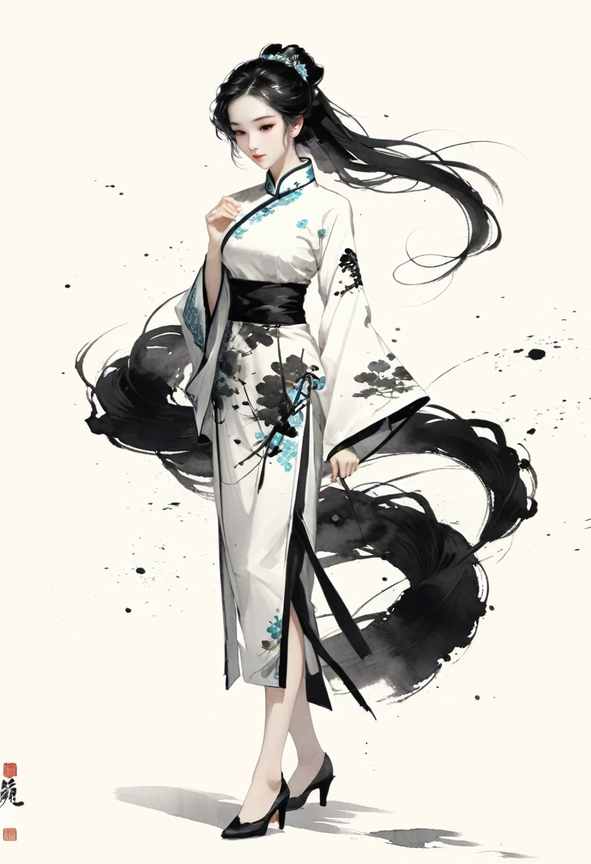 Artistic ink painting，Three-dimensional ink painting，Minimalism，Minimalist graphics，Minimal Art，Chinese anime girls，whole body，Chinese style，antiquity，Ink Painting，cheongsam，Black long hair，Black and white background，古韵White Space，White Space，大面积White Space，Texture Matte，Low saturation，Minimalist composition，Master composition