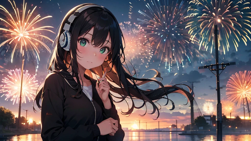 Highest quality,Ultra-high resolution,One woman,alone,whole body,summer, Black shortcuts,Green Eyes,Emotional,Headphones,Fireworks are set off,Standing there in shock,Melted ice cream in my right hand